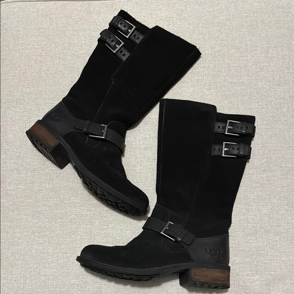 Auth UGG Suede Everglayde Moto Vibes Boots-Black-Sz 6-EUC-Inside Zippers-Heel - Picture 2 of 15
